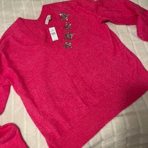 NWT LOFT Stretchy Soft Magenta Sequined V-Neck Sweater